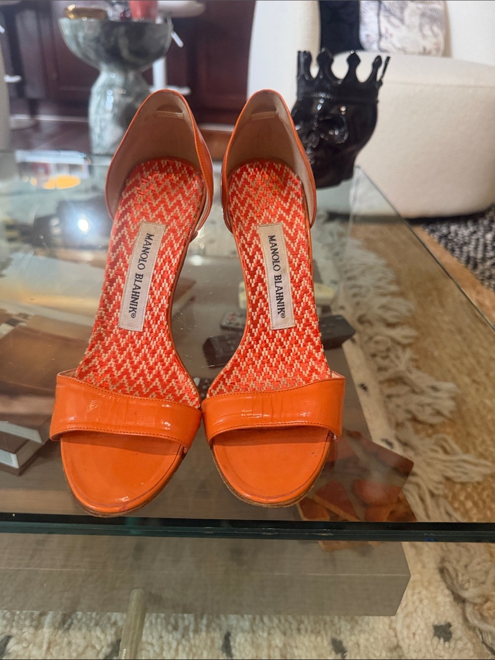 Manolo Blahnik Orange Patent Open-Toe D'Orsay Heels